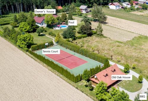 Aerial view of the grounds, showing Old Oak House, the owner's house, the pool, the tennis court and the BBQ area